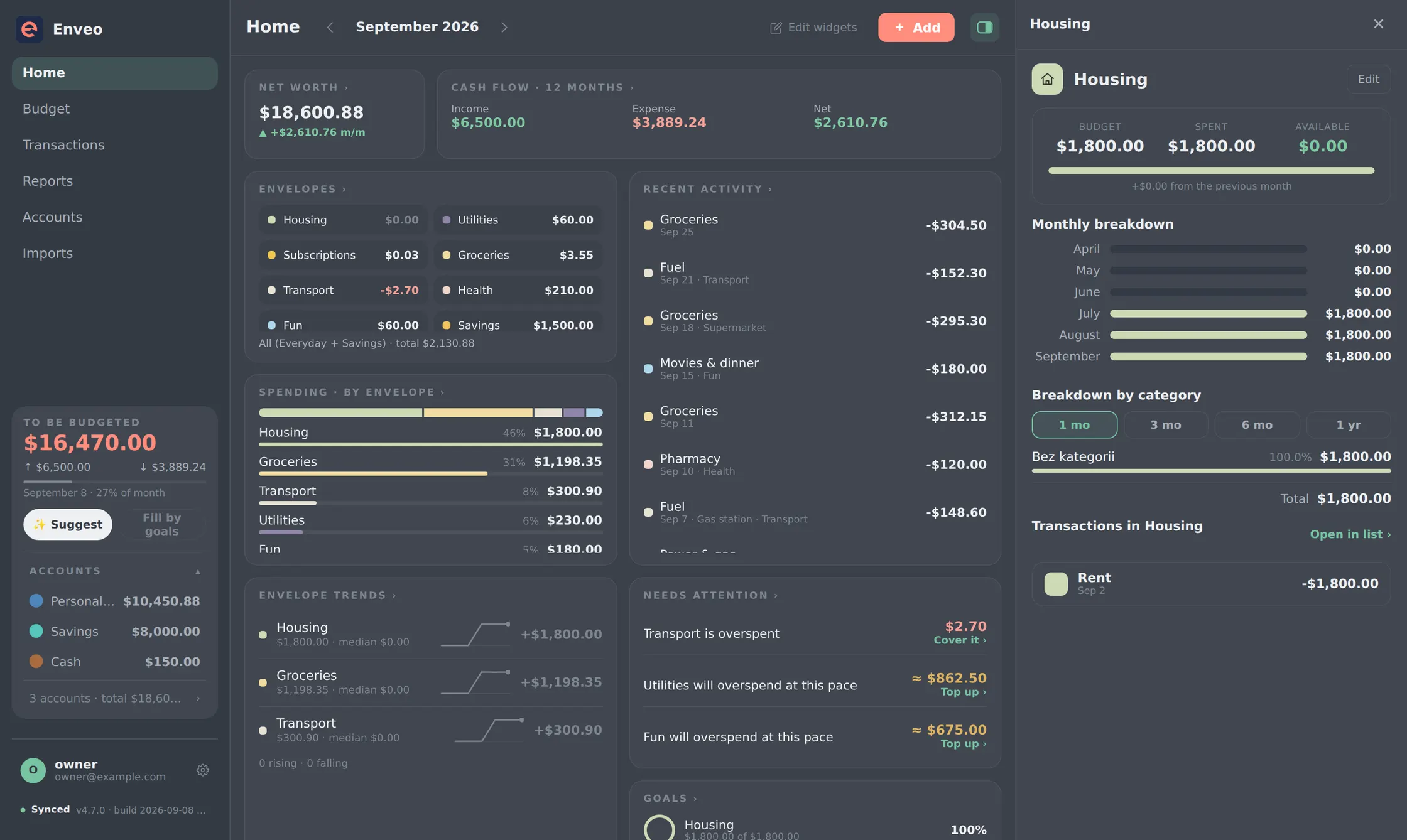 L'interface bureau d'Enveo : une barre latérale avec libellés, l'écran d'accueil avec ses widgets et un volet de détail affichant l'enveloppe Logement.